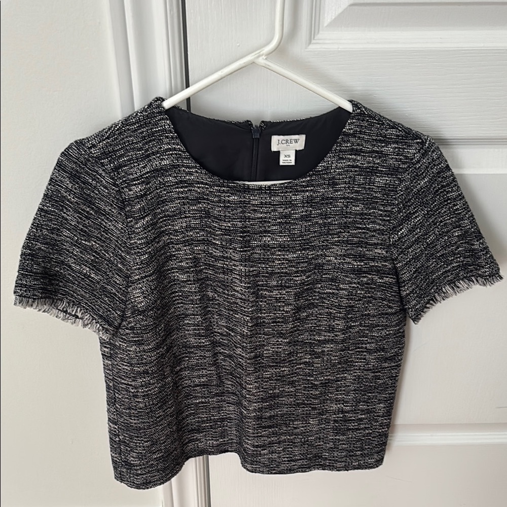 J. Crew Black & White Tweed Crop Top with Fringe Trim